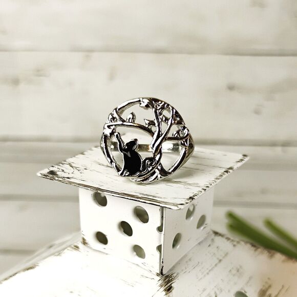 NEW Black Cat w/Tree Silver Tone Ring Size 9.5 Kitty Cute Fun - Picture 2 of 4